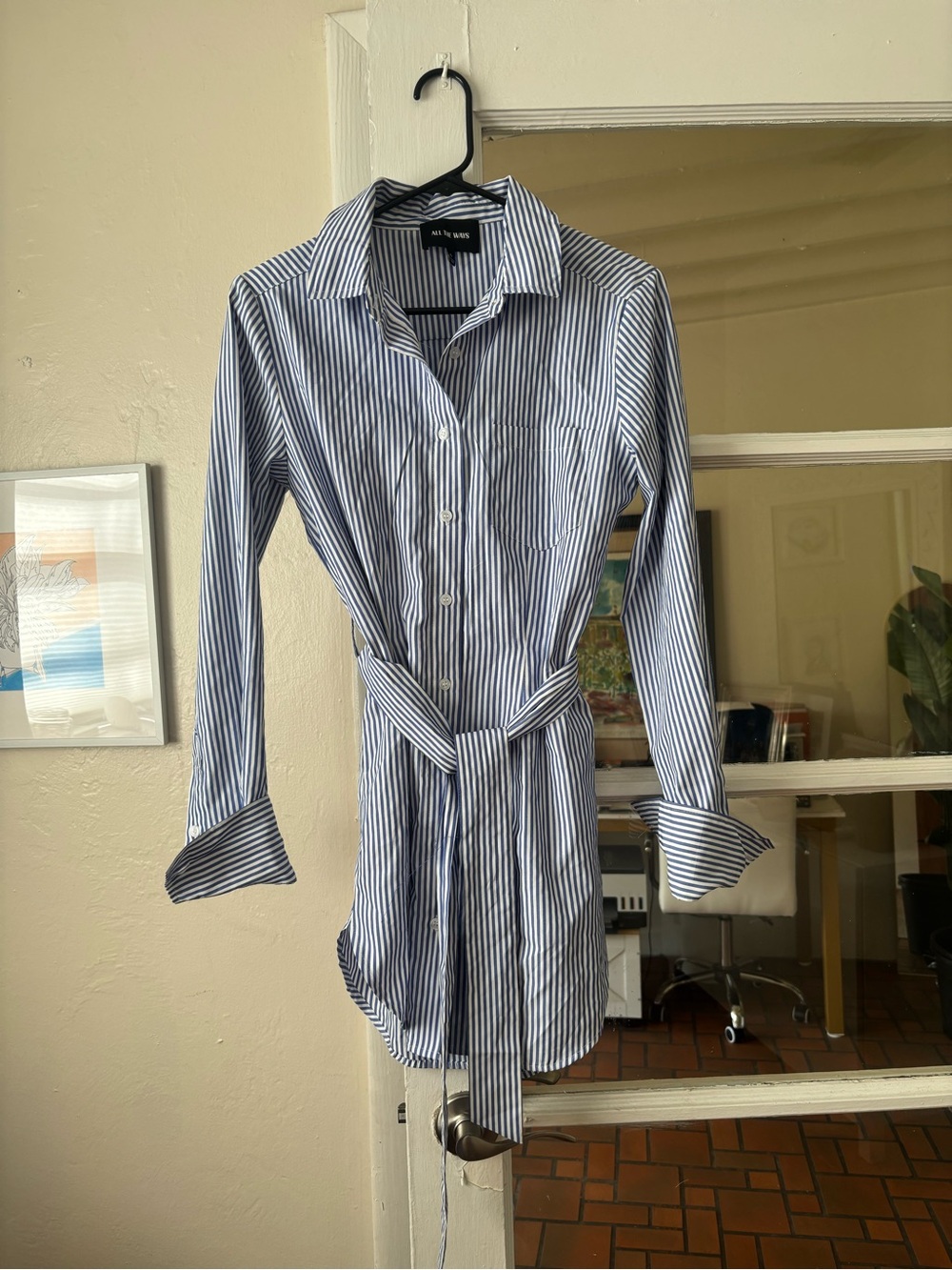All The Ways Avalia Blue Striped Mini Shirt Dress Size Small